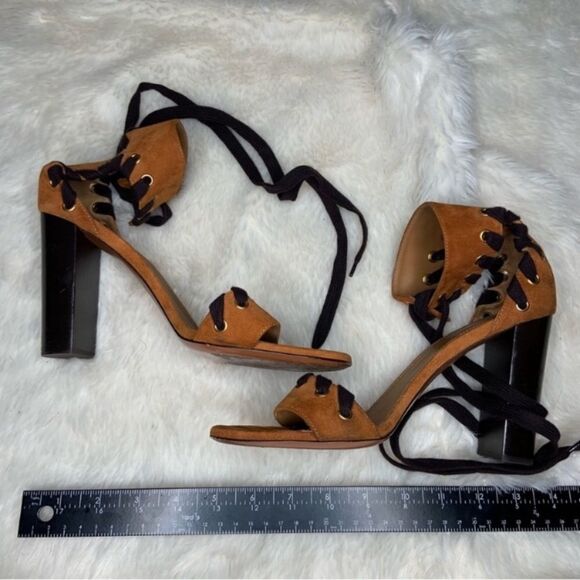 Sz 41 Chloe Miles Iconic Whipstitch Strap Lace-up Brown Suede Sandals Pumps - Picture 4 of 9